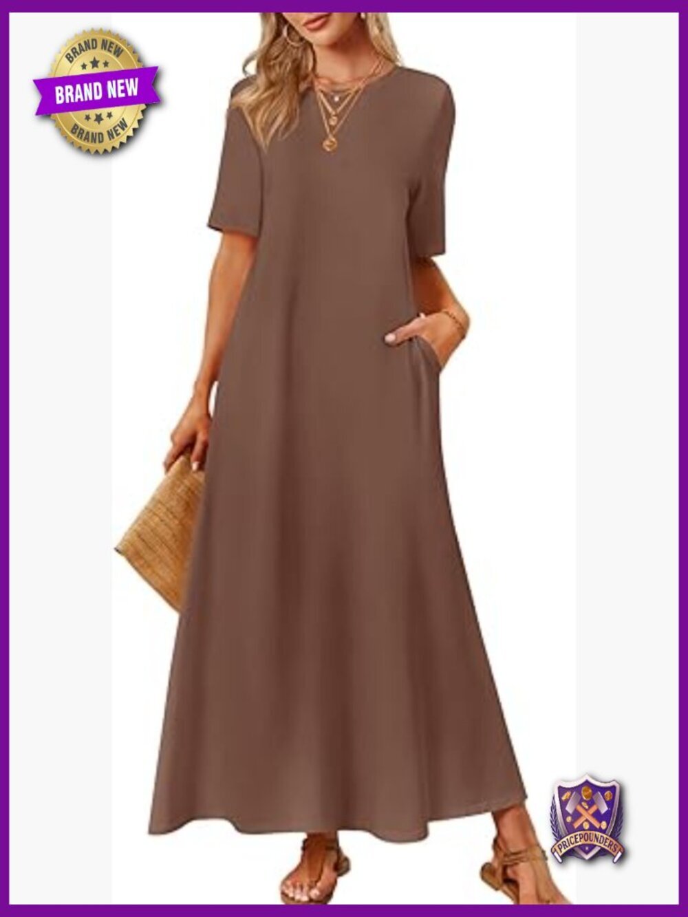 Summer Casual Maxi Dress Crew Neck Short Sleeve Long T Shirt Dress with Pockets